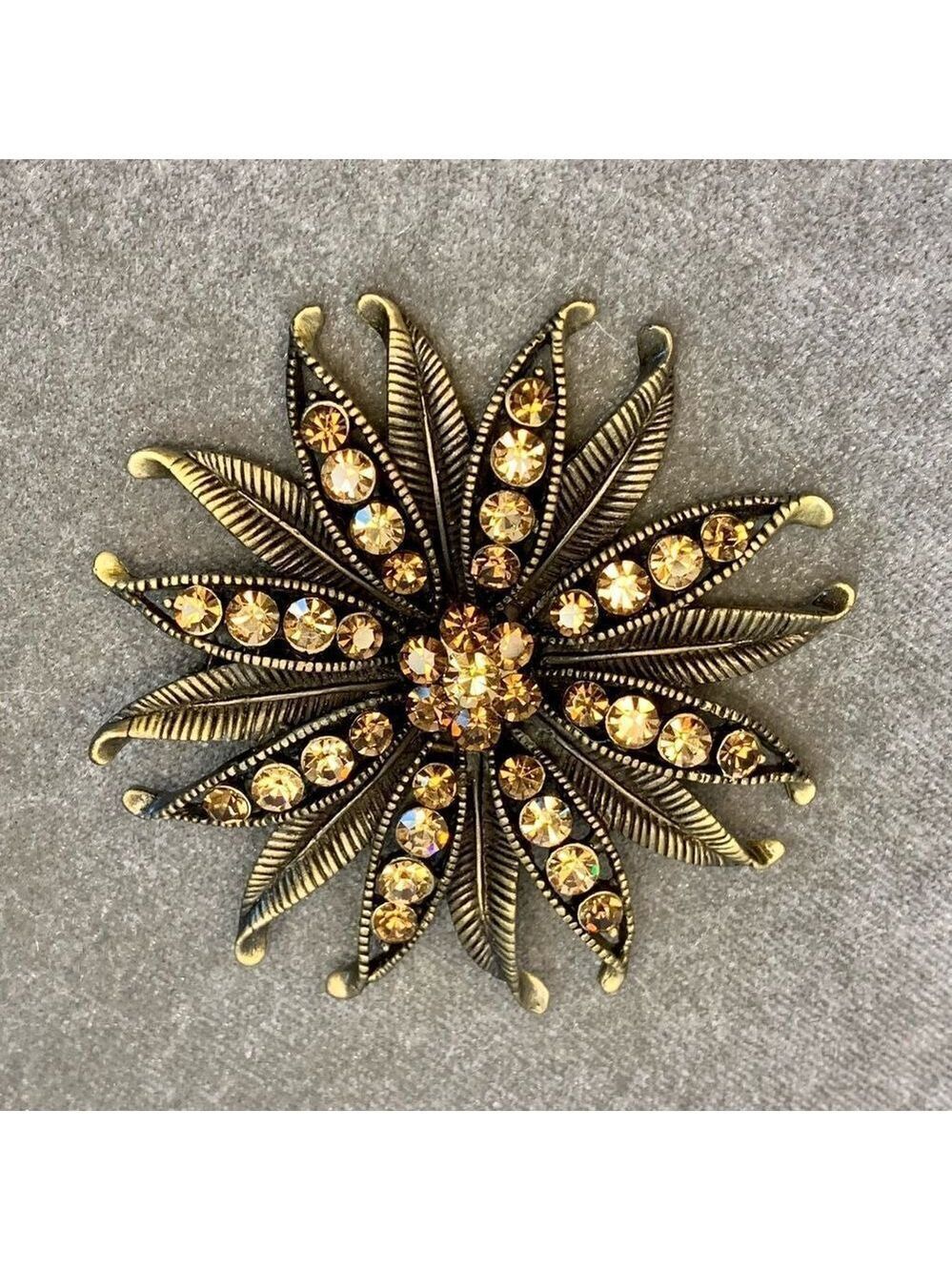 SIMON Chang vintage bronze brass tone floral Sunburst crystal rhinestone brooch